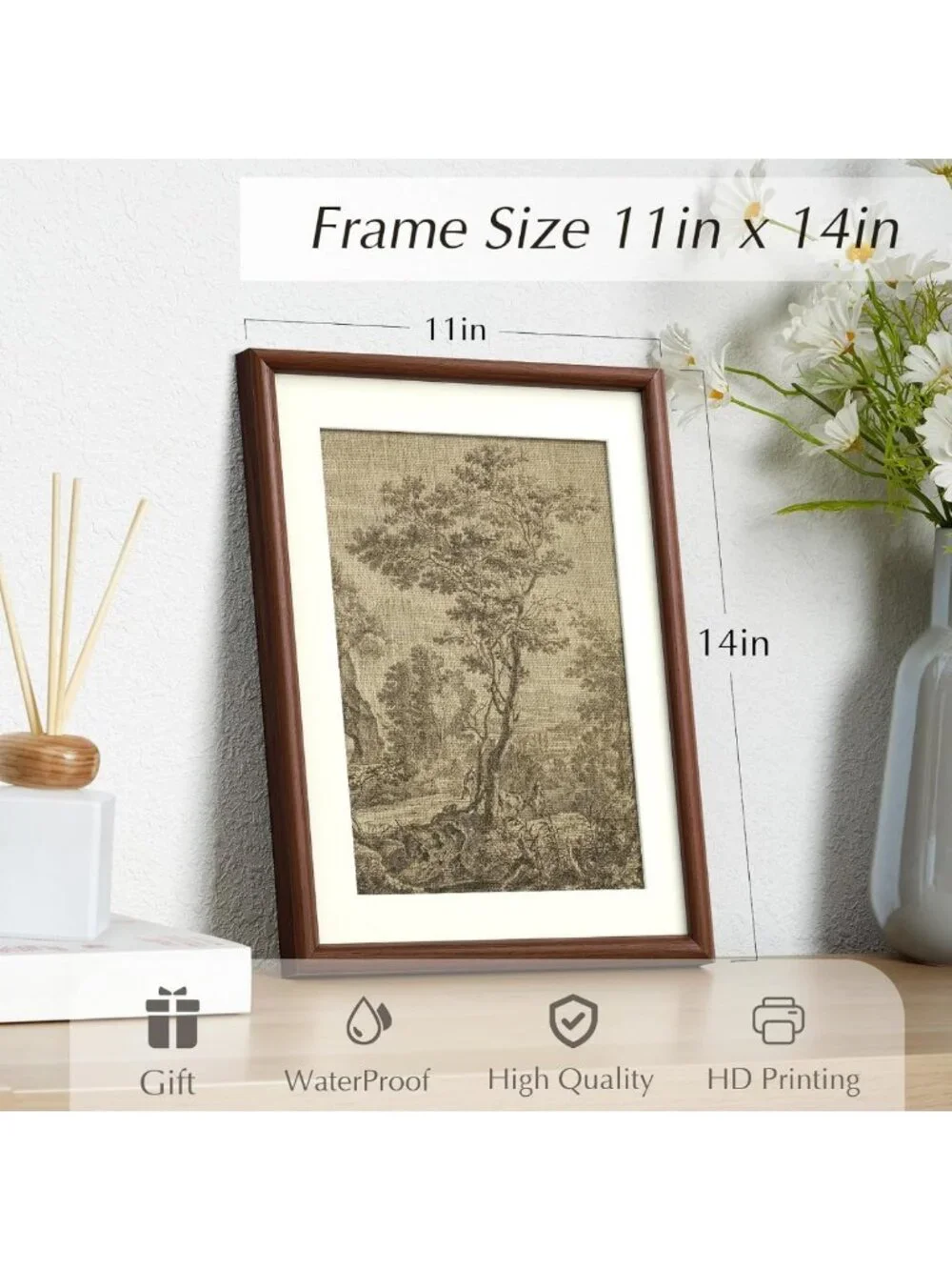 Vintage Landscape Tree Wall Art, Brown Framed Pastoral Decor, 11x14 Inch